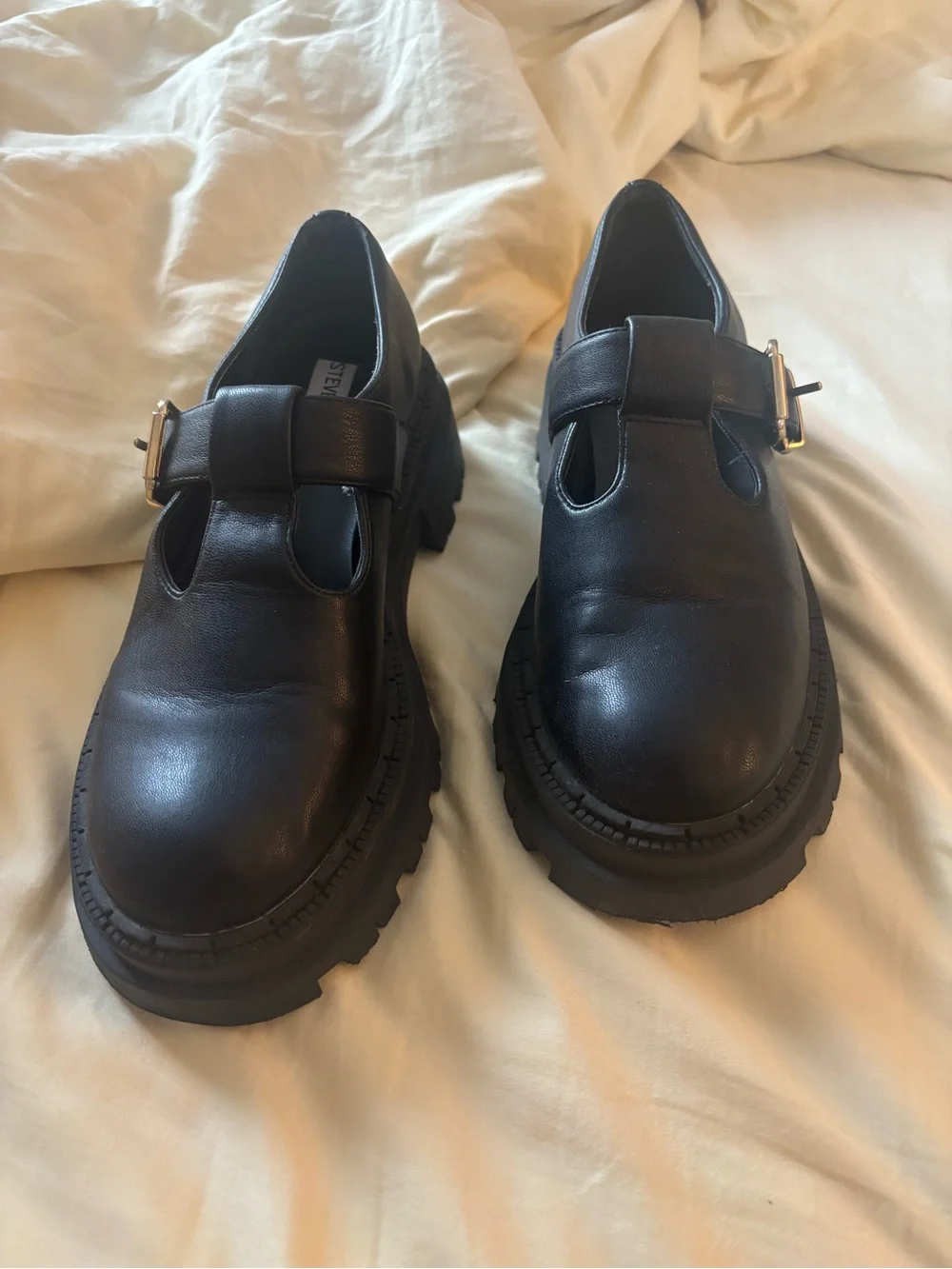 Steve Madden Black Mary Jane Lug Sole Loafer with Gold Buckle